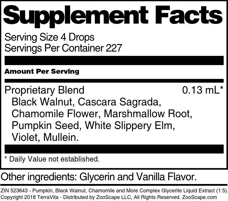 Pumpkin, Black Walnut, Chamomile and More Complex Glycerite Liquid Extract (1:5) - Supplement / Nutrition Facts