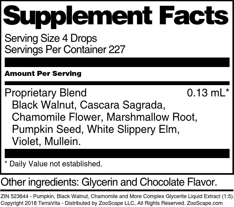 Pumpkin, Black Walnut, Chamomile and More Complex Glycerite Liquid Extract (1:5) - Supplement / Nutrition Facts