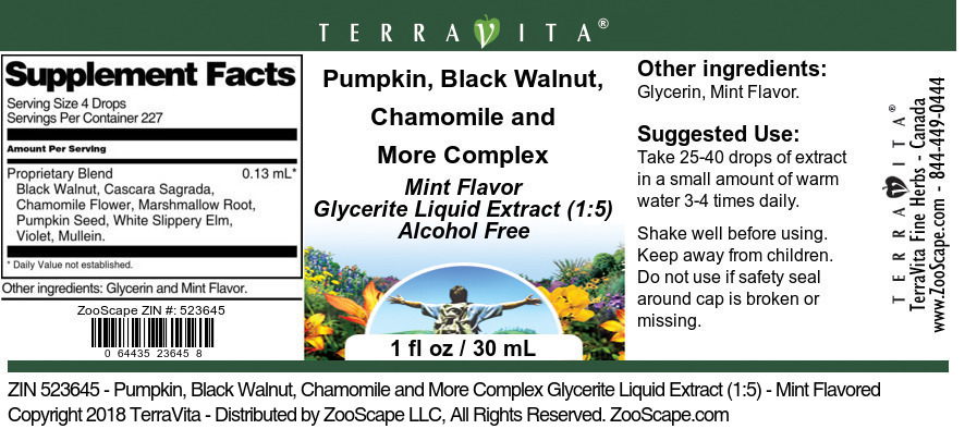 Pumpkin, Black Walnut, Chamomile and More Complex Glycerite Liquid Extract (1:5) - Label