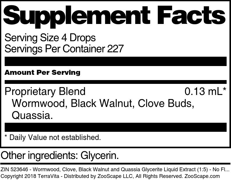 Wormwood, Clove, Black Walnut and Quassi Glycerite Liquid Extract (1:5) - Supplement / Nutrition Facts