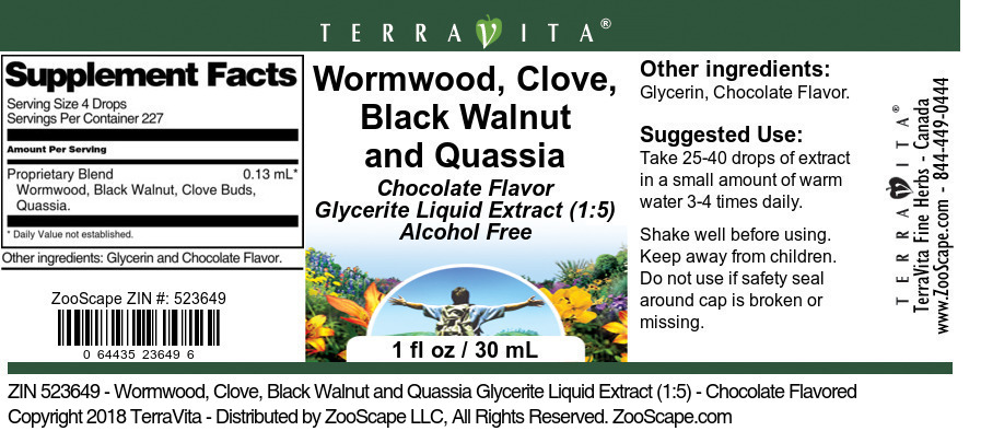 Wormwood, Clove, Black Walnut and Quassi Glycerite Liquid Extract (1:5) - Label
