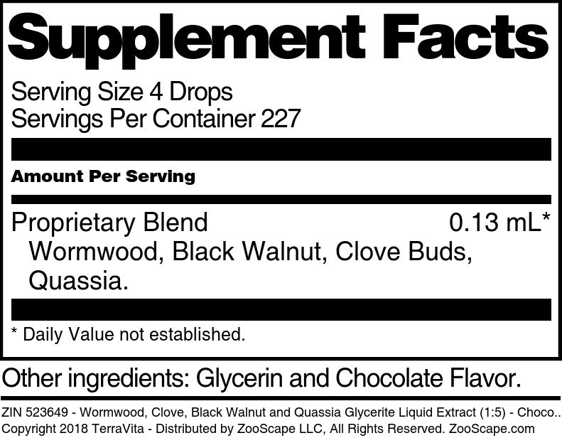 Wormwood, Clove, Black Walnut and Quassi Glycerite Liquid Extract (1:5) - Supplement / Nutrition Facts