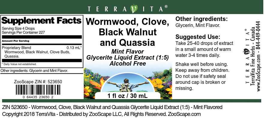Wormwood, Clove, Black Walnut and Quassi Glycerite Liquid Extract (1:5) - Label