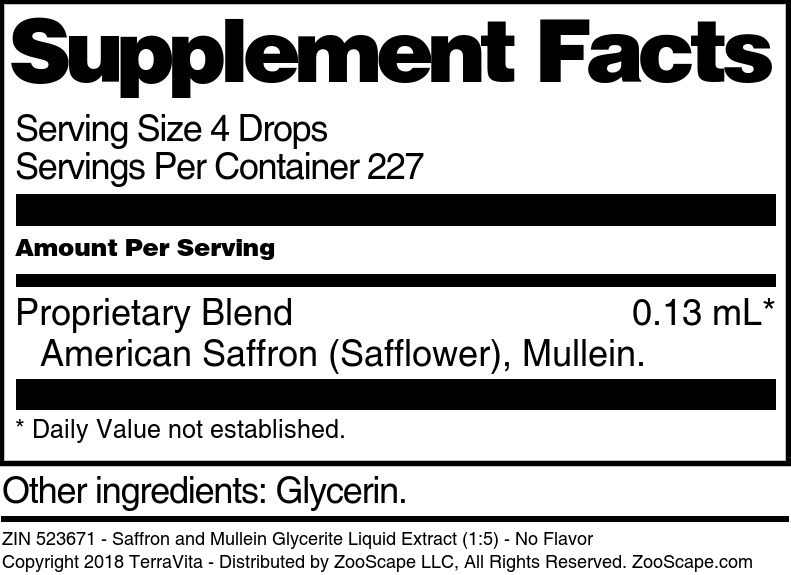 Saffron and Mullein Glycerite Liquid Extract (1:5) - Supplement / Nutrition Facts