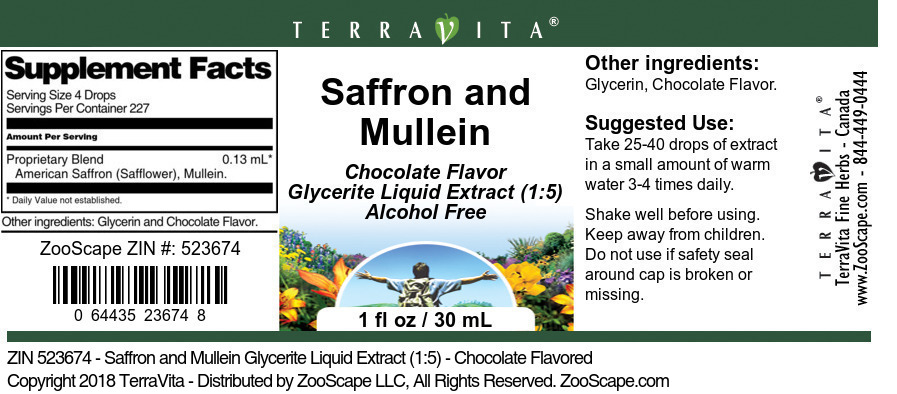 Saffron and Mullein Glycerite Liquid Extract (1:5) - Label