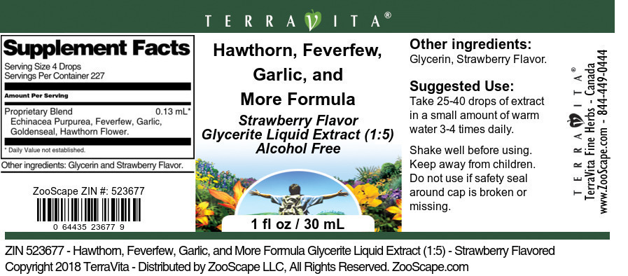 Hawthorn, Feverfew, Garlic, and More Formula Glycerite Liquid Extract (1:5) - Label