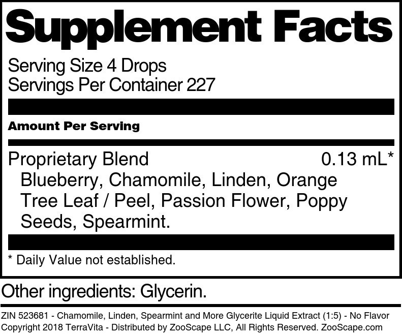 Chamomile, Linden, Spearmint and More Glycerite Liquid Extract (1:5) - Supplement / Nutrition Facts