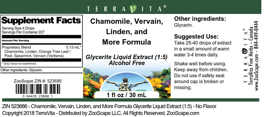 Chamomile, Vervain, Linden, and More Formula Glycerite Liquid Extract (1:5) - Label