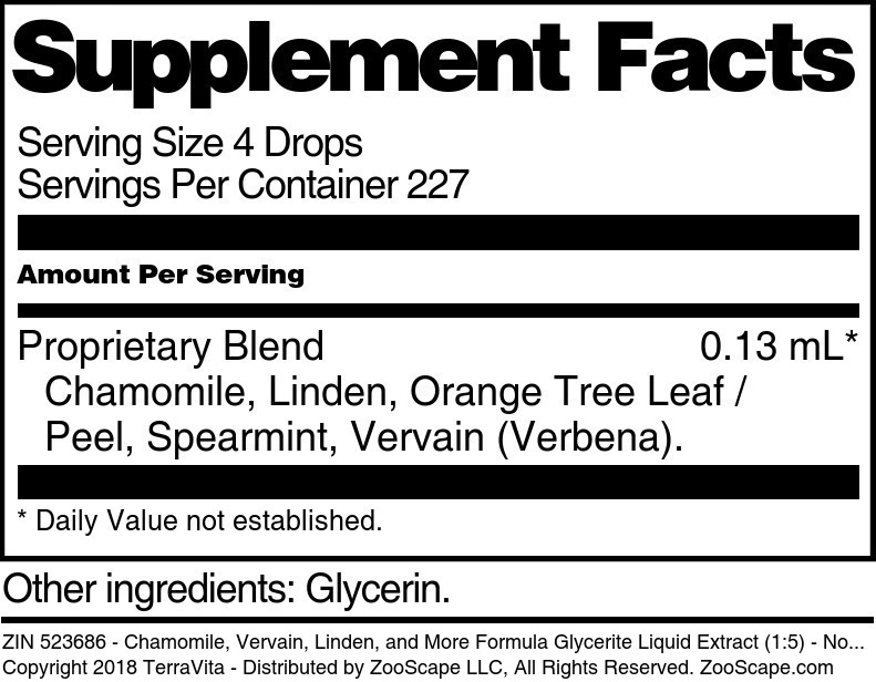 Chamomile, Vervain, Linden, and More Formula Glycerite Liquid Extract (1:5) - Supplement / Nutrition Facts
