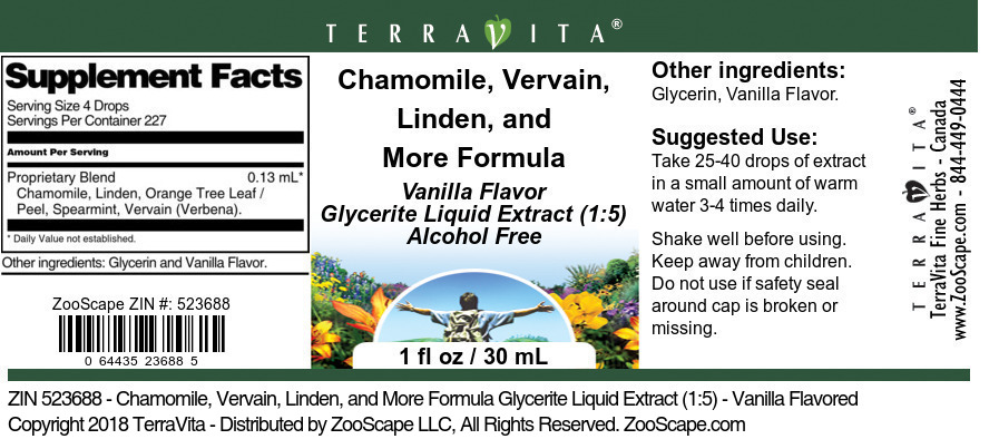 Chamomile, Vervain, Linden, and More Formula Glycerite Liquid Extract (1:5) - Label