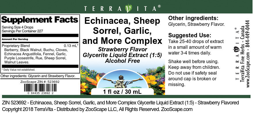 Echinacea, Sheep Sorrel, Garlic, and More Complex Glycerite Liquid Extract (1:5) - Label