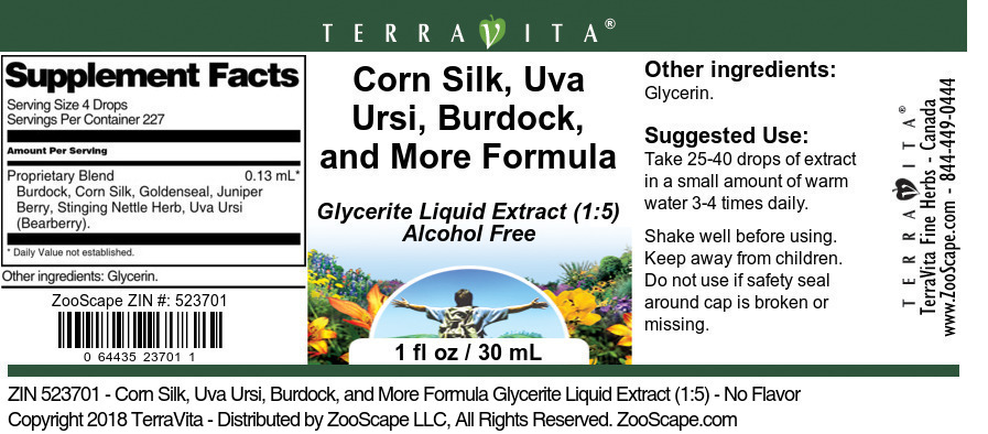 Corn Silk, Uva Ursi, Burdock, and More Formula Glycerite Liquid Extract (1:5) - Label