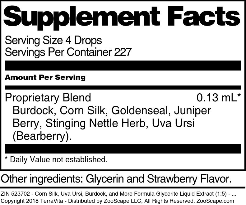 Corn Silk, Uva Ursi, Burdock, and More Formula Glycerite Liquid Extract (1:5) - Supplement / Nutrition Facts