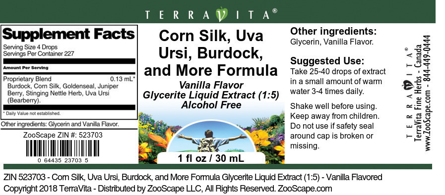 Corn Silk, Uva Ursi, Burdock, and More Formula Glycerite Liquid Extract (1:5) - Label