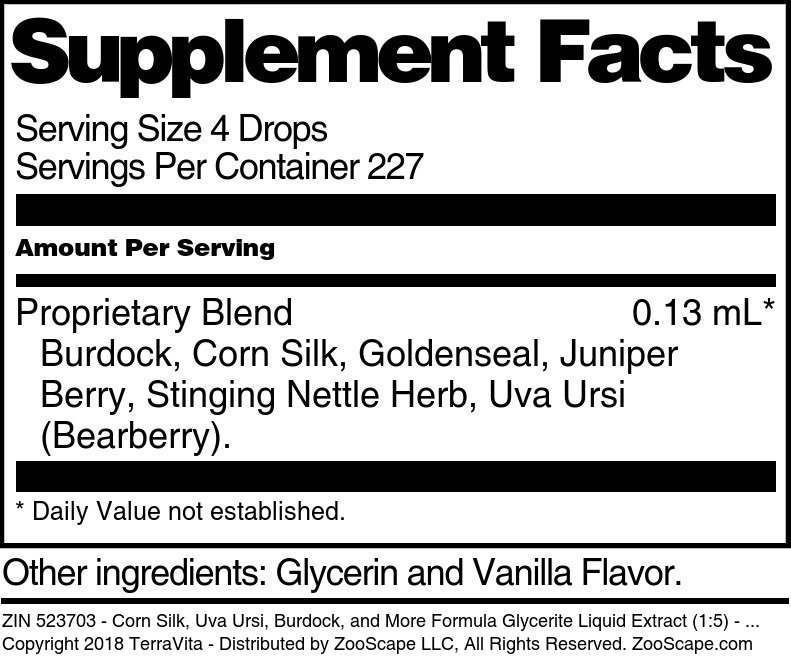 Corn Silk, Uva Ursi, Burdock, and More Formula Glycerite Liquid Extract (1:5) - Supplement / Nutrition Facts