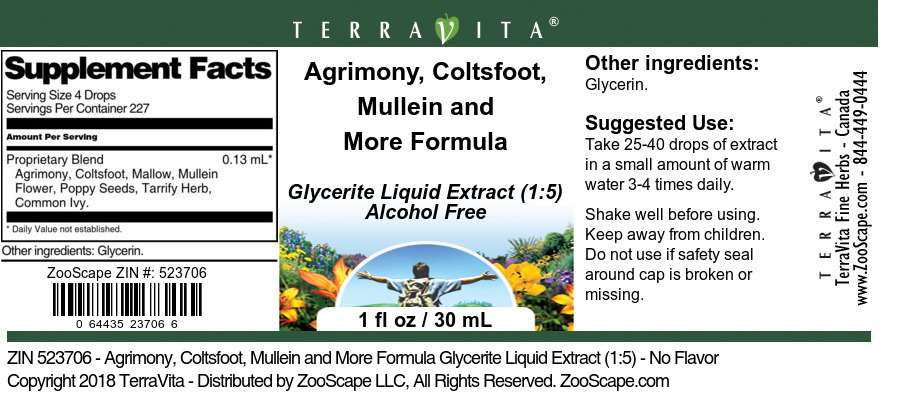 Agrimony, Coltsfoot, Mullein and More Formula Glycerite Liquid Extract (1:5) - Label