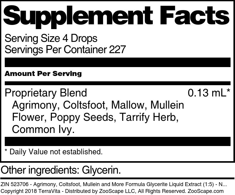 Agrimony, Coltsfoot, Mullein and More Formula Glycerite Liquid Extract (1:5) - Supplement / Nutrition Facts
