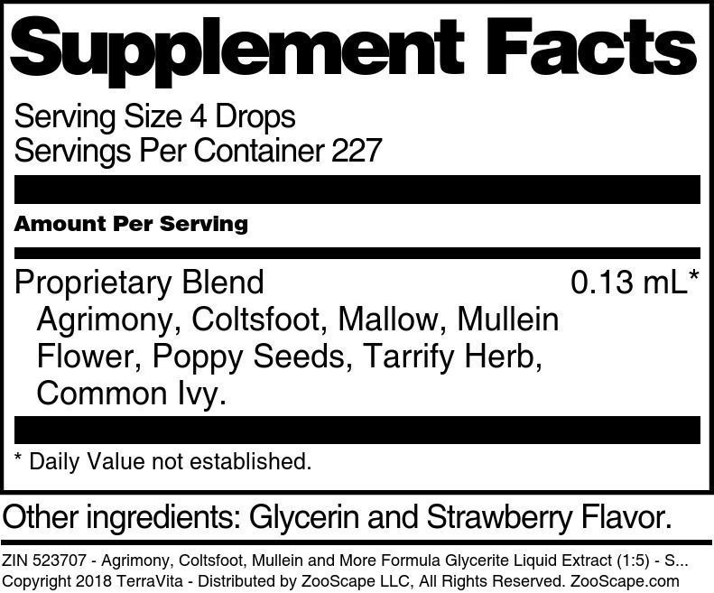 Agrimony, Coltsfoot, Mullein and More Formula Glycerite Liquid Extract (1:5) - Supplement / Nutrition Facts