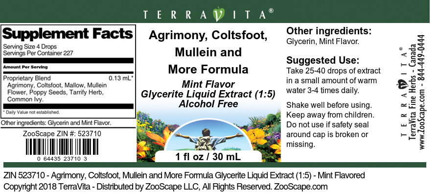 Agrimony, Coltsfoot, Mullein and More Formula Glycerite Liquid Extract (1:5) - Label