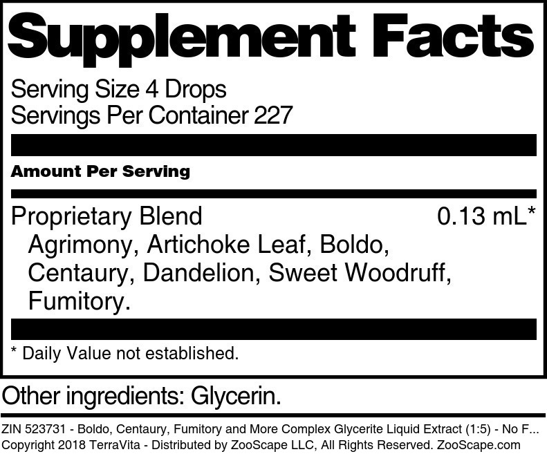 Boldo, Centaury, Fumitory and More Complex Glycerite Liquid Extract (1:5) - Supplement / Nutrition Facts
