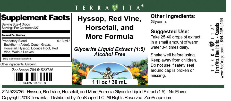 Hyssop, Red Vine, Horsetail, and More Formula Glycerite Liquid Extract (1:5) - Label