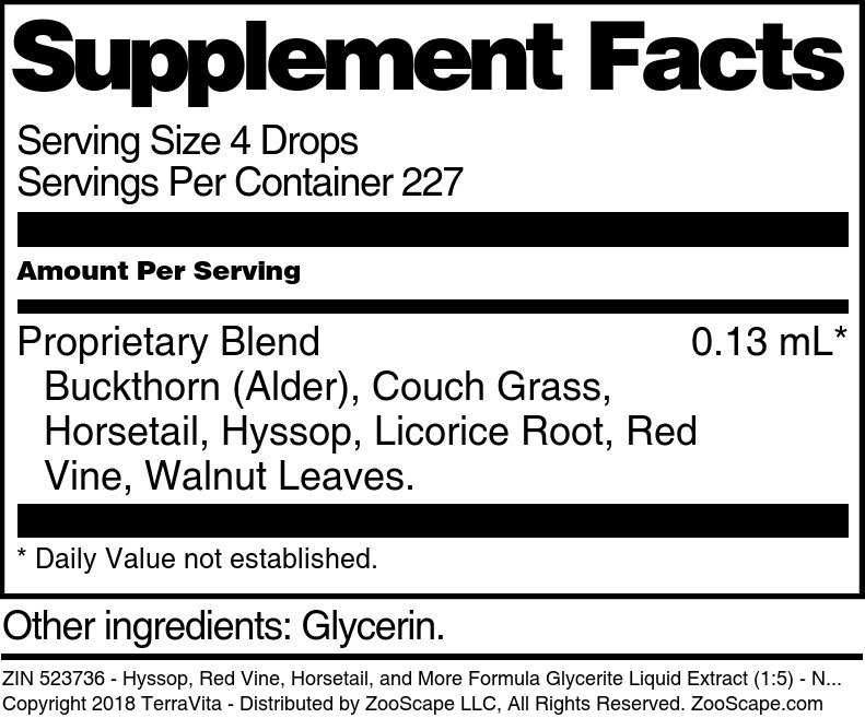 Hyssop, Red Vine, Horsetail, and More Formula Glycerite Liquid Extract (1:5) - Supplement / Nutrition Facts