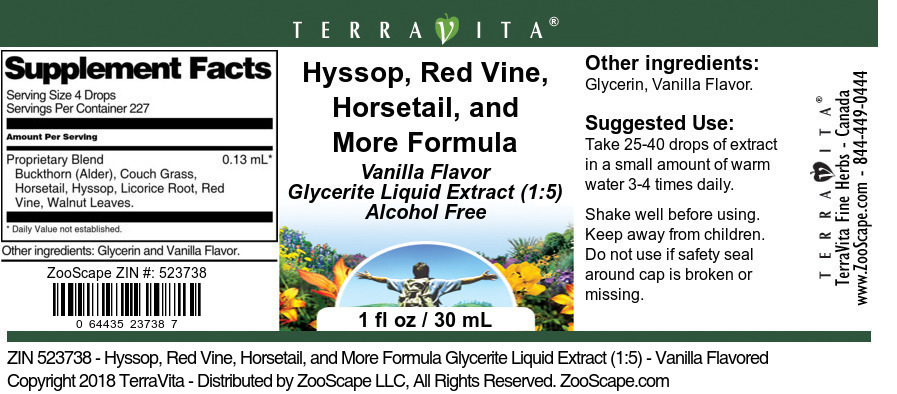 Hyssop, Red Vine, Horsetail, and More Formula Glycerite Liquid Extract (1:5) - Label