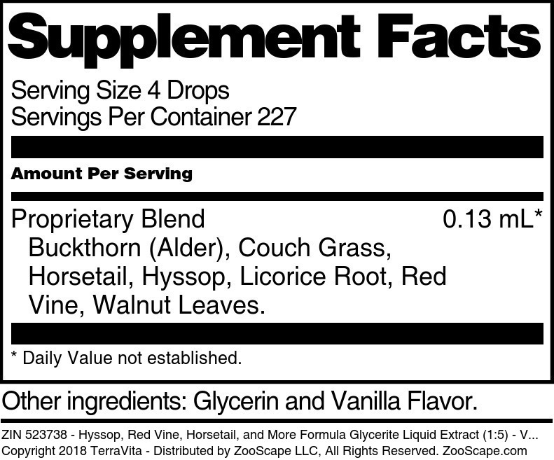 Hyssop, Red Vine, Horsetail, and More Formula Glycerite Liquid Extract (1:5) - Supplement / Nutrition Facts