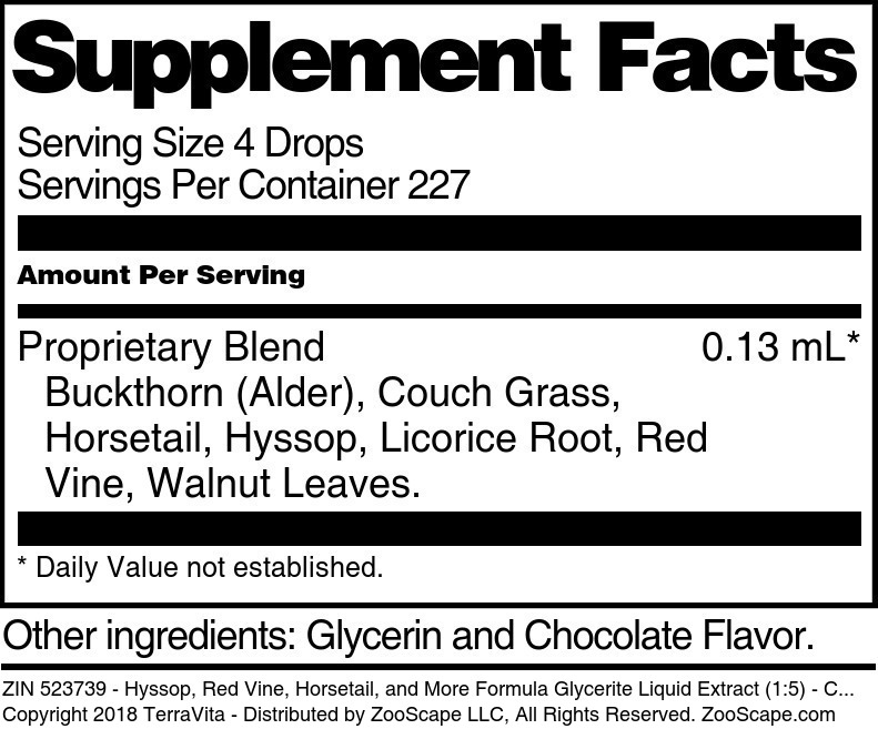 Hyssop, Red Vine, Horsetail, and More Formula Glycerite Liquid Extract (1:5) - Supplement / Nutrition Facts