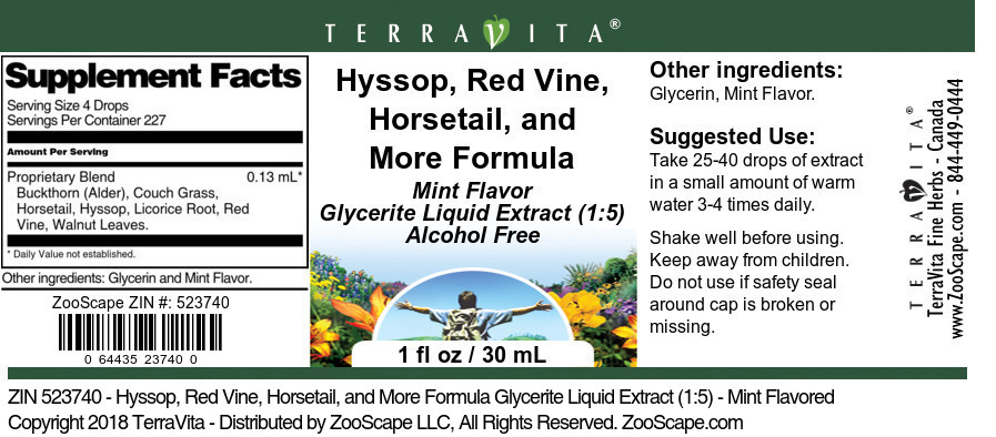 Hyssop, Red Vine, Horsetail, and More Formula Glycerite Liquid Extract (1:5) - Label