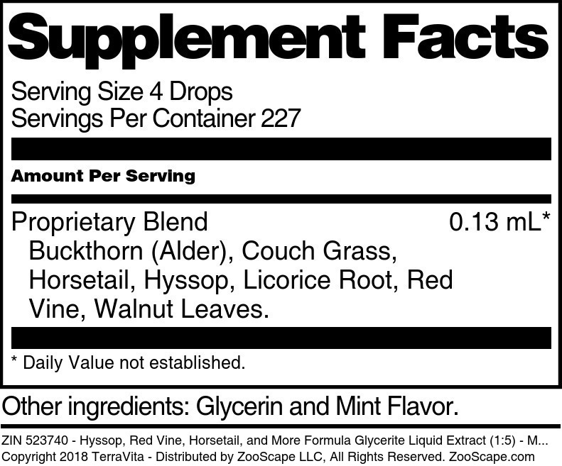 Hyssop, Red Vine, Horsetail, and More Formula Glycerite Liquid Extract (1:5) - Supplement / Nutrition Facts