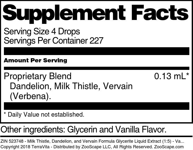 Milk Thistle, Dandelion, and Vervain Formula Glycerite Liquid Extract (1:5) - Supplement / Nutrition Facts