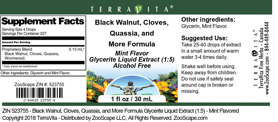 Black Walnut, Cloves, Quassia, and More Formula Glycerite Liquid Extract (1:5) - Label