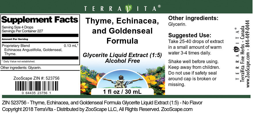Thyme, Echinacea, and Goldenseal Formula Glycerite Liquid Extract (1:5) - Label