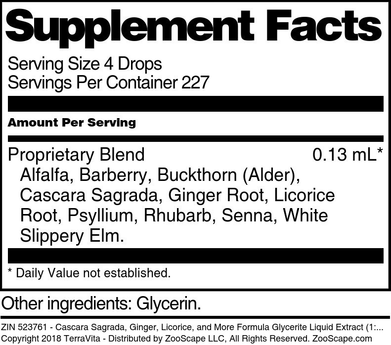 Cascara Sagrada, Ginger, Licorice, and More Formula Glycerite Liquid Extract (1:5) - Supplement / Nutrition Facts