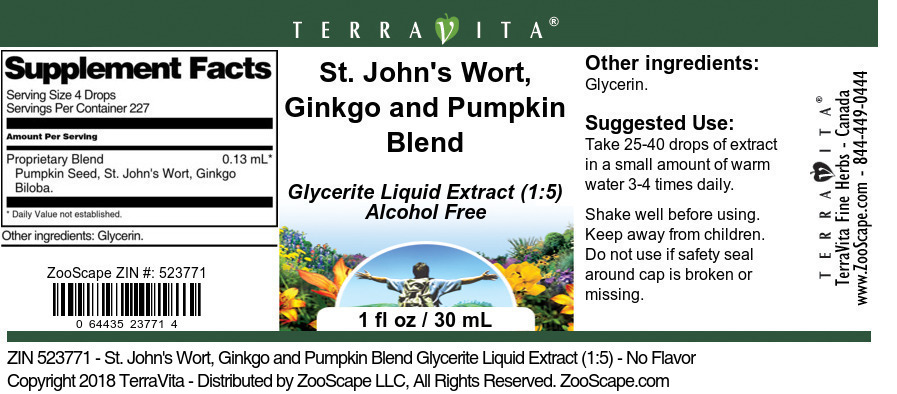 St. John's Wort, Ginkgo and Pumpkin Blend Glycerite Liquid Extract (1:5) - Label