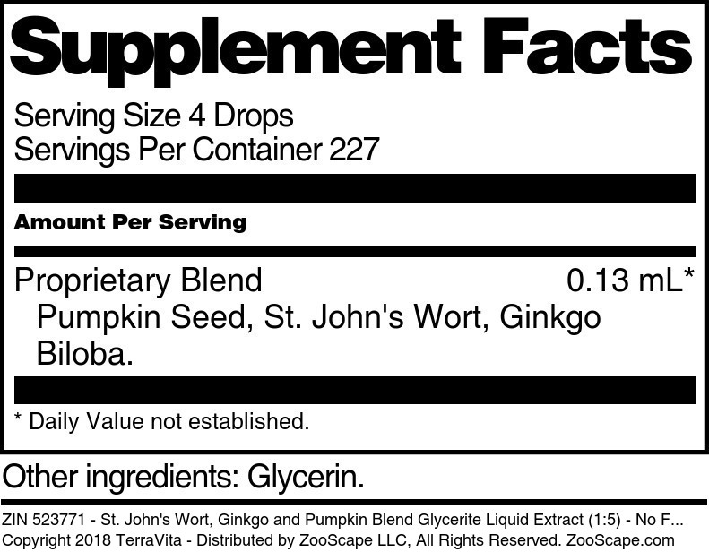 St. John's Wort, Ginkgo and Pumpkin Blend Glycerite Liquid Extract (1:5) - Supplement / Nutrition Facts