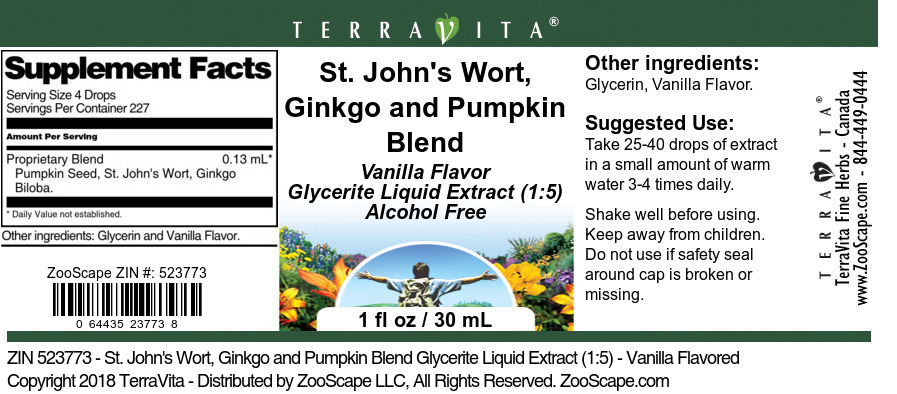 St. John's Wort, Yohimbe and Pumpkin Blend Glycerite Liquid Extract (1:5) - Label