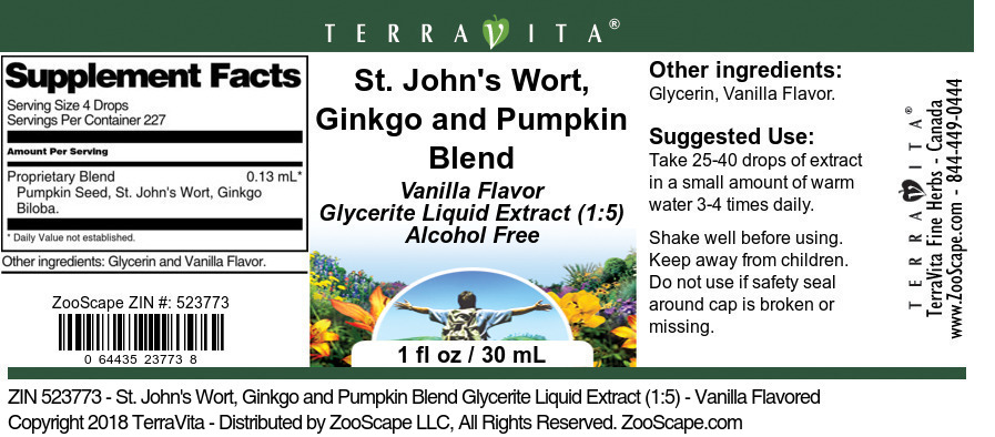 St. John's Wort, Ginkgo and Pumpkin Blend Glycerite Liquid Extract (1:5) - Label