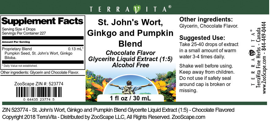 St. John's Wort, Ginkgo and Pumpkin Blend Glycerite Liquid Extract (1:5) - Label