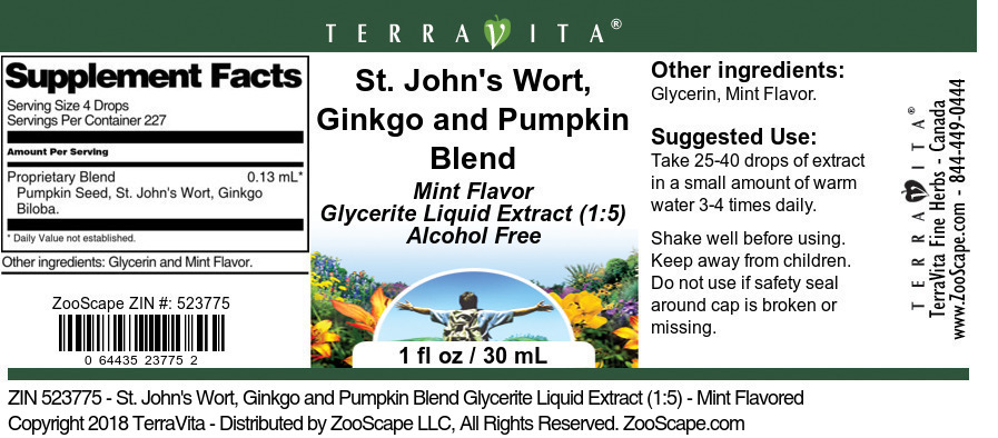 St. John's Wort, Ginkgo and Pumpkin Blend Glycerite Liquid Extract (1:5) - Label