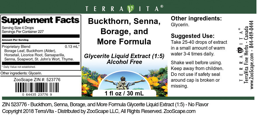 Buckthorn, Senna, Borage, and More Formula Glycerite Liquid Extract (1:5) - Label