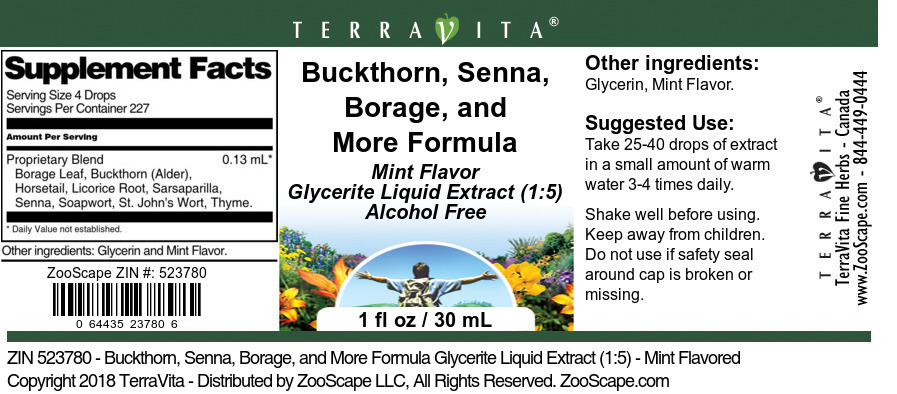 Buckthorn, Senna, Borage, and More Formula Glycerite Liquid Extract (1:5) - Label