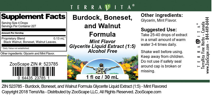 Burdock, Boneset, and Walnut Formula Glycerite Liquid Extract (1:5) - Label
