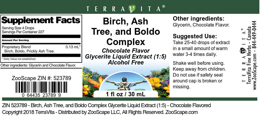 Birch, Ash Tree, and Boldo Complex Glycerite Liquid Extract (1:5) - Label