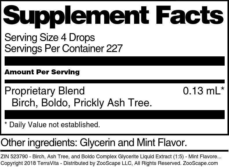 Birch, Ash Tree, and Boldo Complex Glycerite Liquid Extract (1:5) - Supplement / Nutrition Facts