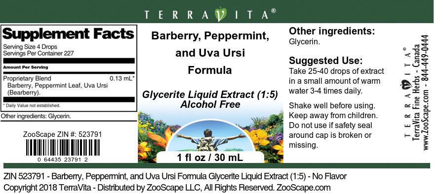 Barberry, Peppermint, and Uva Ursi Formula Glycerite Liquid Extract (1:5) - Label
