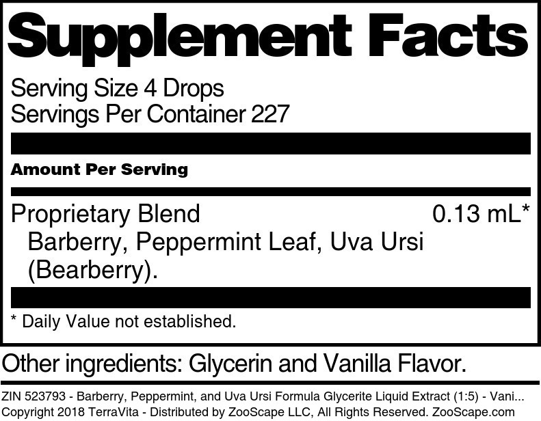 Barberry, Peppermint, and Uva Ursi Formula Glycerite Liquid Extract (1:5) - Supplement / Nutrition Facts