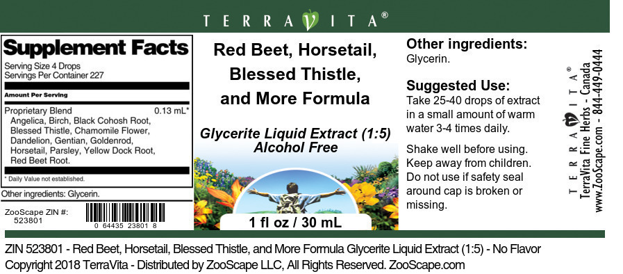 Red Beet, Horsetail, Blessed Thistle, and More Formula Glycerite Liquid Extract (1:5) - Label