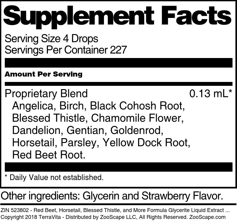Red Beet, Horsetail, Blessed Thistle, and More Formula Glycerite Liquid Extract (1:5) - Supplement / Nutrition Facts